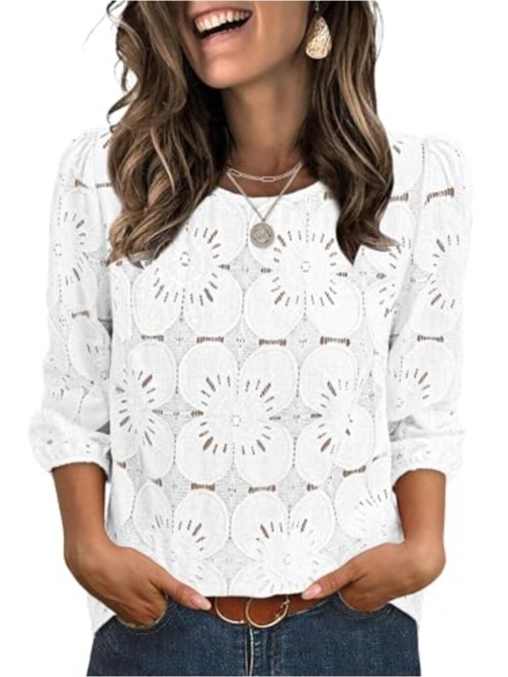 Women's Lace Eyelet Blouse 3/4 Puff Sleeve Dressy Casual Top
